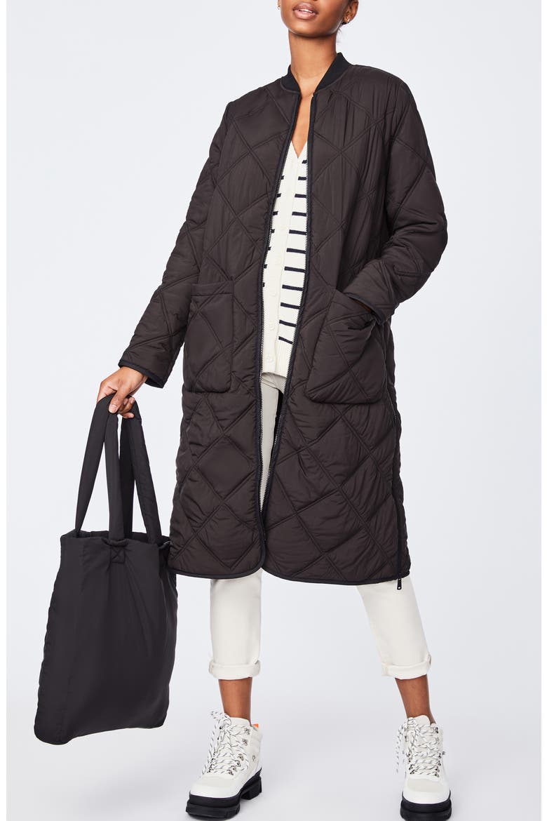 Diamond Quilted Long Coat & Bag, Alternate, color, BLACK