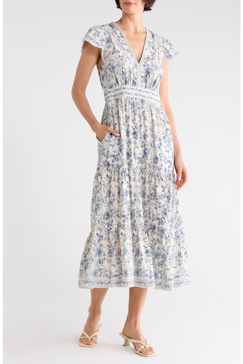 Flutter Sleeve Maxi Dress, Main, color, CREAM/ BLUE TOILE MYSTIQUE