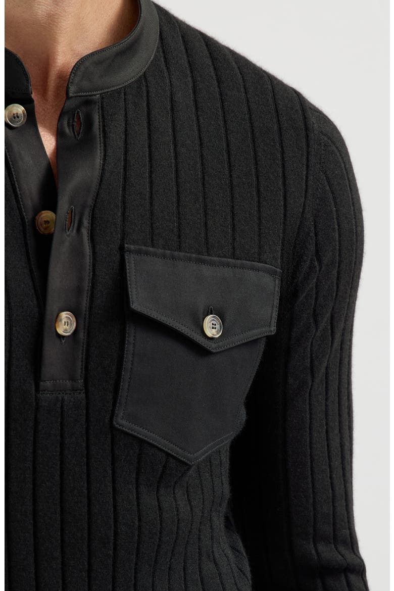 Cashmere and silk ribbed sweater with Henley collar and chest pocket, Alternate, color, Black
