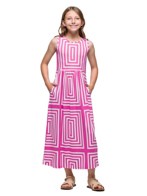 Pink Geometric Print Sleeveless Pocket Maxi Dress