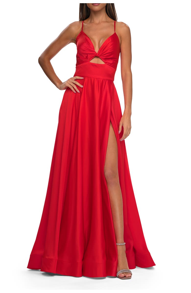 La Femme Satin A-Line Gown with Cut Out and Twist Bodice in Neon, Main, color, Hot Coral