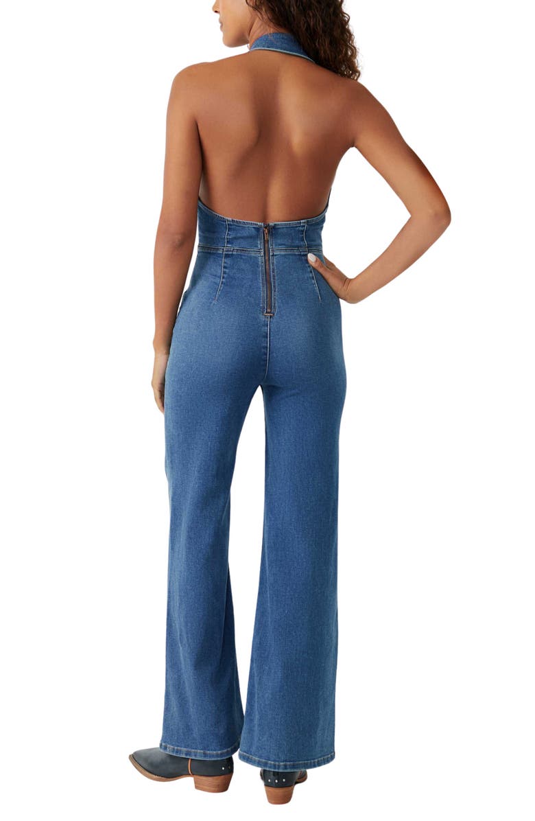 Free People Sweet Thing Flared Denim Halter Jumpsuit, Alternate, color, 