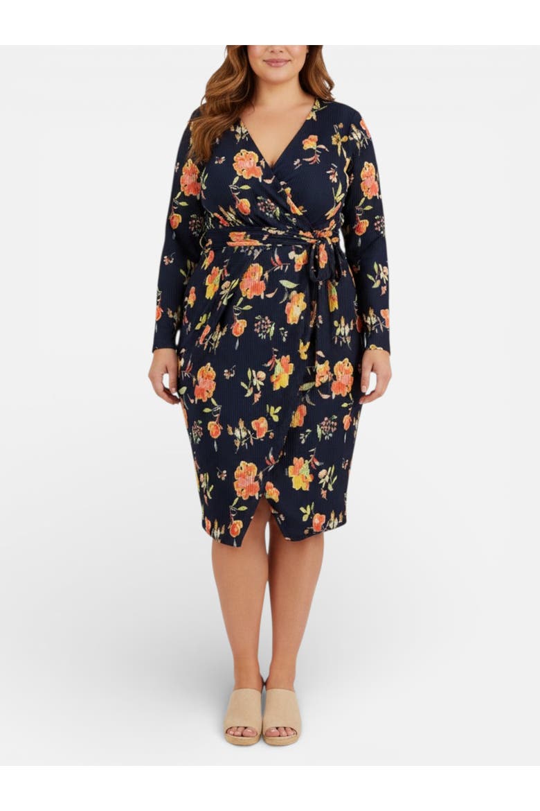Printed Sylvia Wrap Midi Dress, Alternate, color, Navy Coral Bouquet