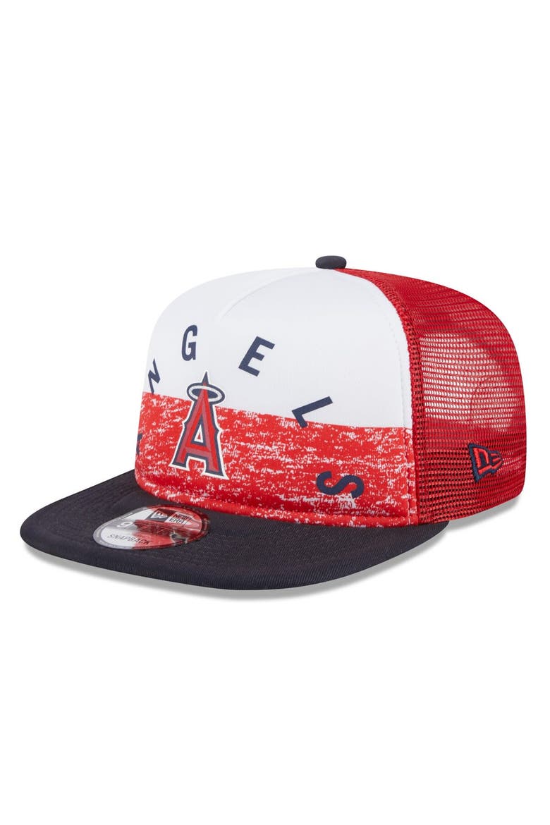 Men's New Era White/Red Los Angeles Angels Team Foam Front A-Frame Trucker 9FIFTY Snapback Hat, Main, color, White