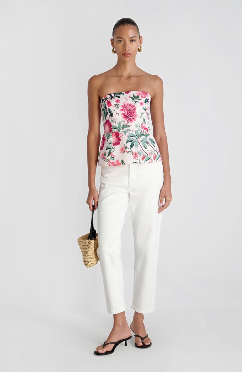 French Connection Christa Print Strapless Peplum Satin Top, Alternate, color, Pink Icing