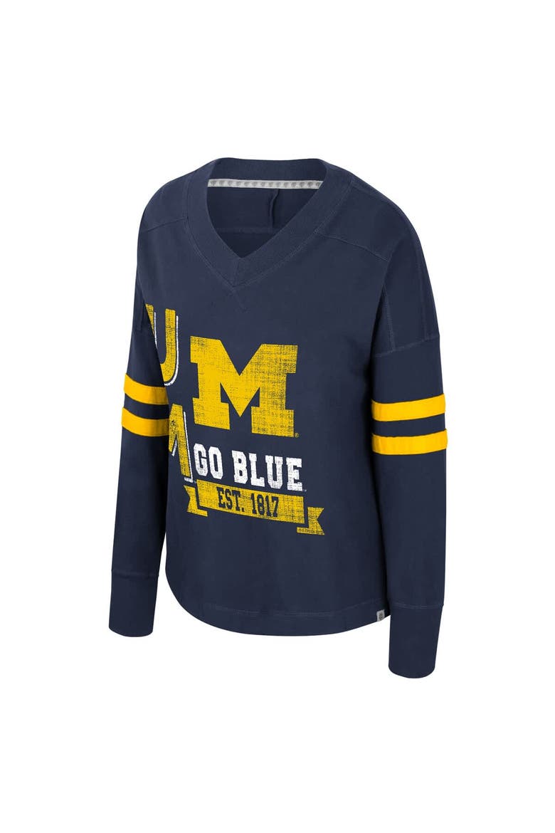 Women's Colosseum  Navy Michigan Wolverines Oversized Violet Distressed V-Neck Long Sleeve T-Shirt, Alternate, color, Navy