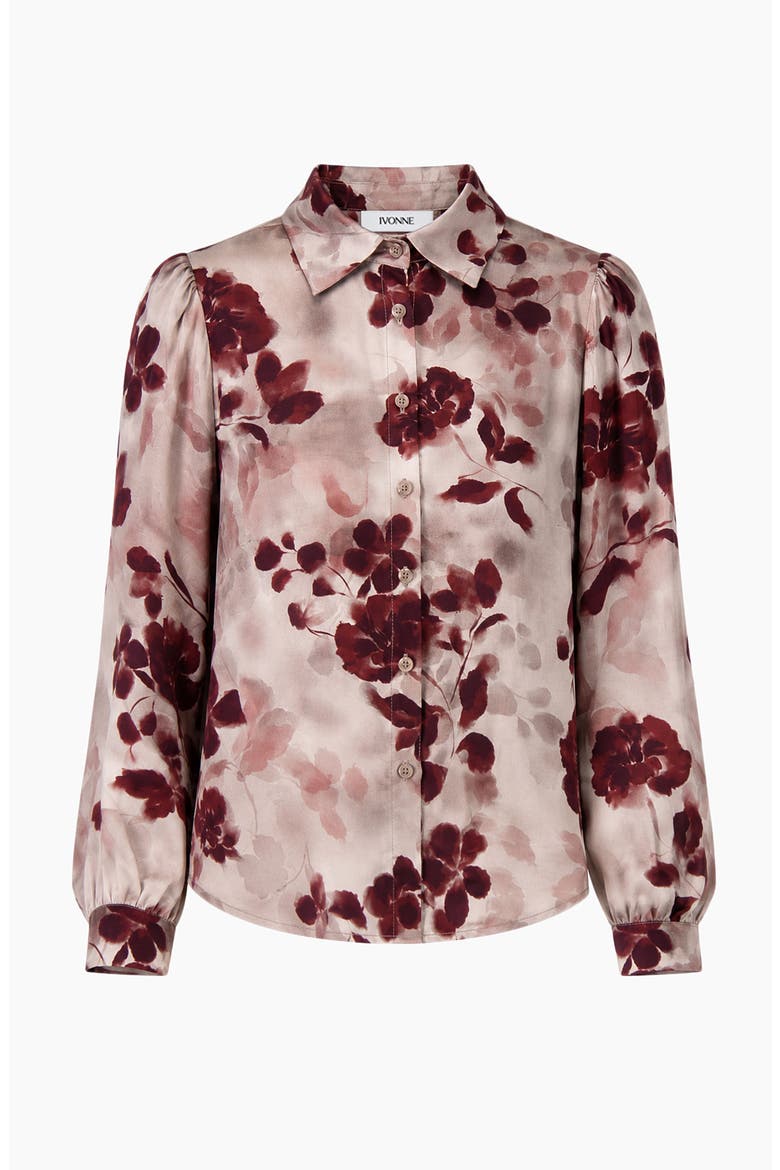 Long-sleeve Button-up Floral Blouse, Alternate, color, Grey