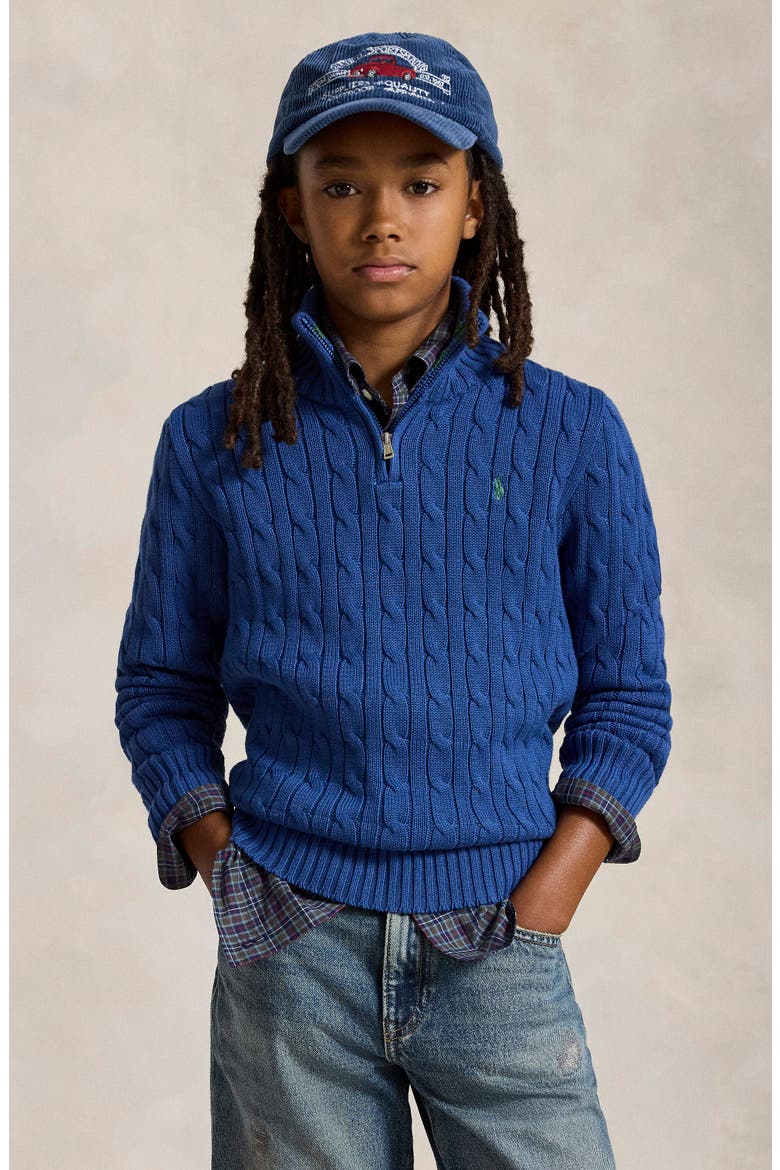 Kids' Cotton Cable Knit Quarter Zip Sweater, Alternate, color, DUSTY AZURE/ C5964