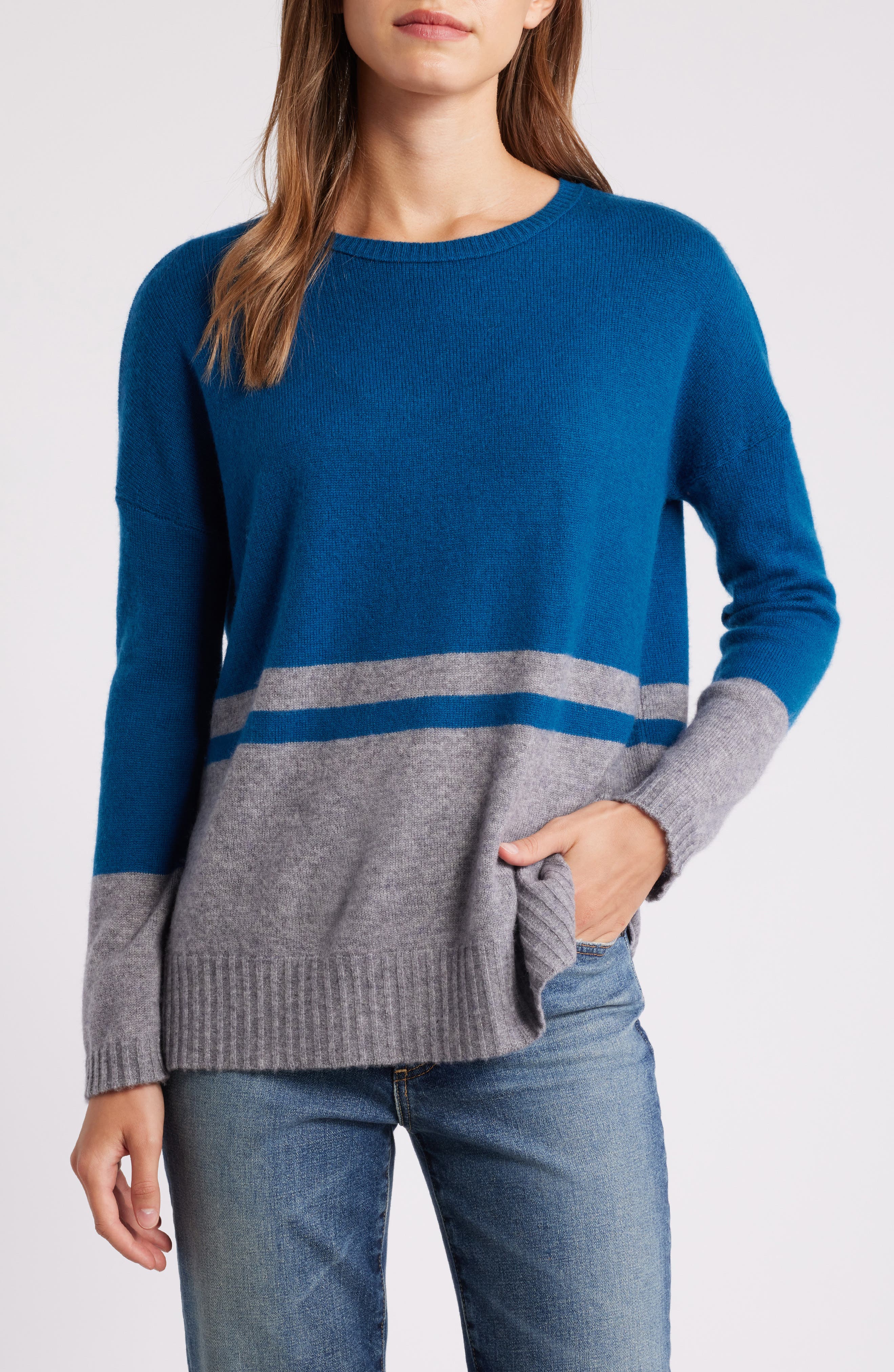 Griffen Colorblock Wool & Cashmere Crewneck Sweater in Teal/Slate 