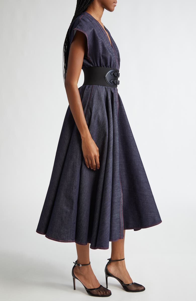 Alaïa Belted Denim Dress, Alternate, color, 