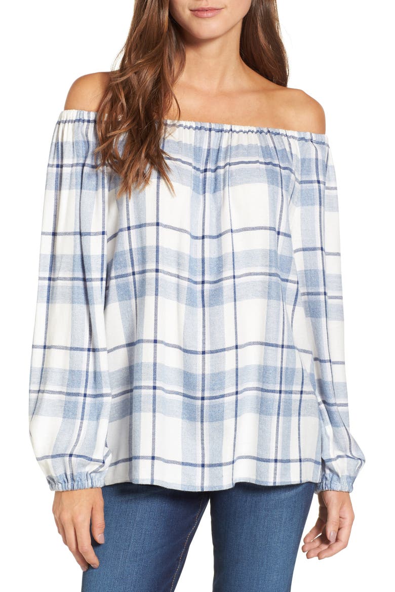 Off the Shoulder Plaid Blouse, Main, color, BLUE NIGHT
