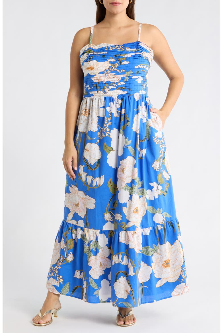 Roswell Sima Pleated Floral Maxi Dress, Main, color, BLUE-CREAM