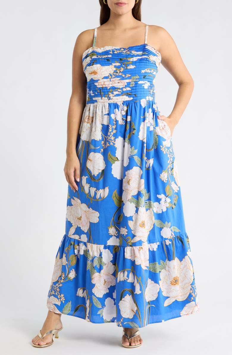 SUGARLIPS Roswell Sima Pleated Floral Maxi Dress, Main, color, Blue-Cream
