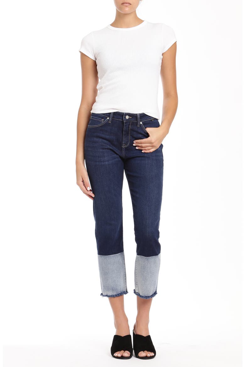 Niki Colorblock Fray Hem Crop Jeans, Alternate, color, DARK INDIGO BLOCKING