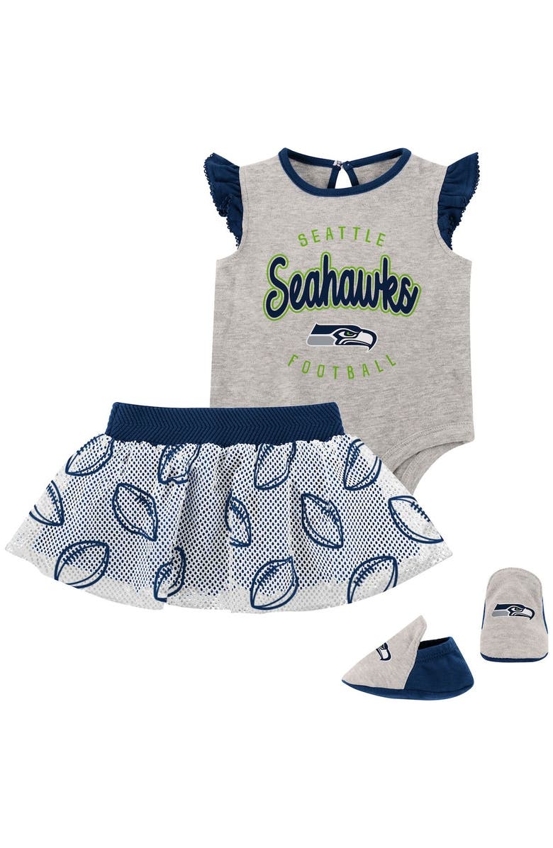 Outerstuff Girls Infant Heather Gray/Navy Seattle Seahawks All Dolled Up Three-Piece Bodysuit, Skirt & Booties Set, Main, color, 