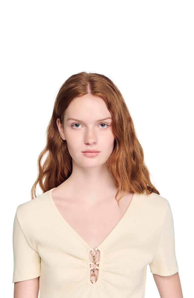 SANDRO Jewelled cropped cotton T-shirt, Alternate, color, Ecru