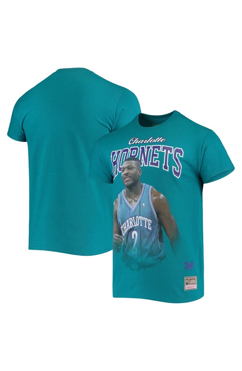 Mitchell & Ness Men's Mitchell & Ness Larry Johnson Teal Charlotte Hornets Hardwood Classics Courtside Player T-Shirt, Main, color, 