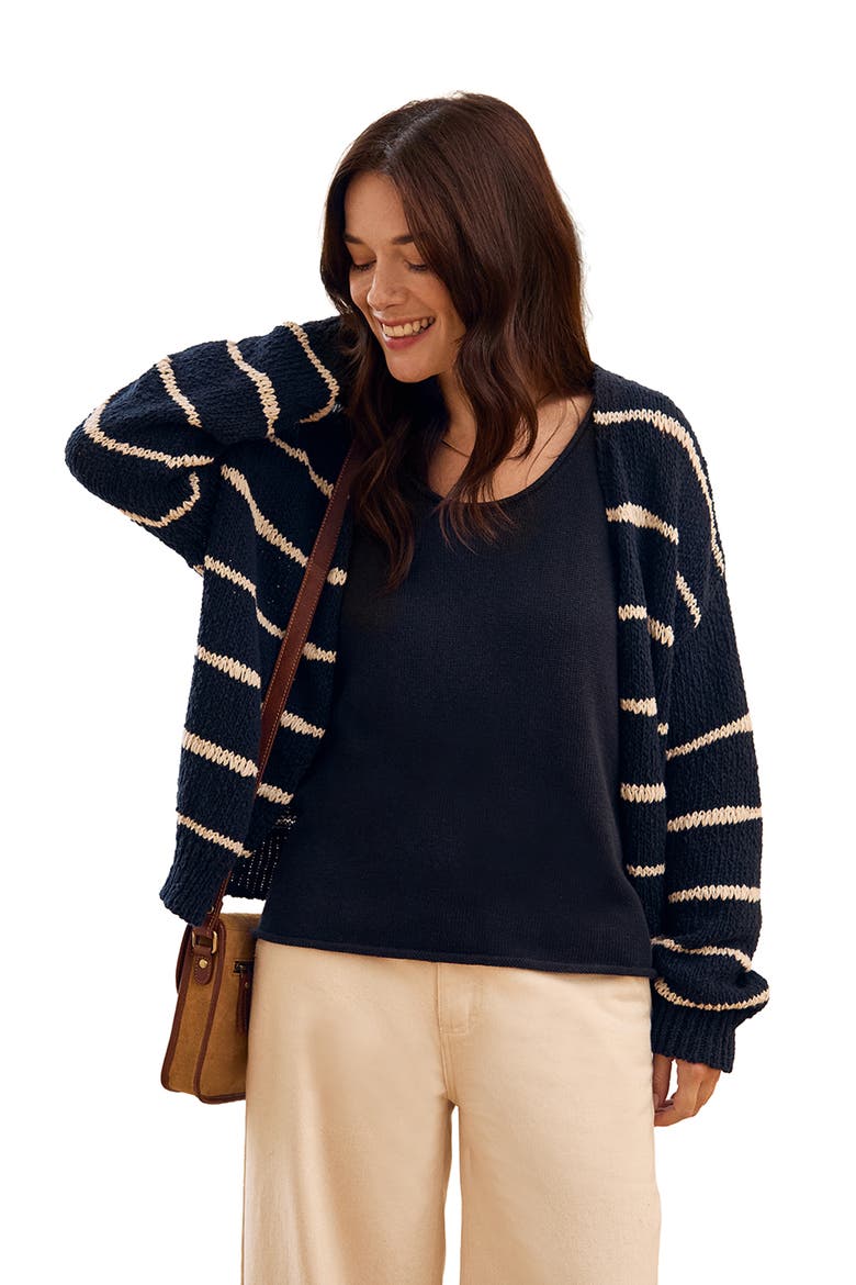 Long Sleeve Drop Stitch Cardigan, Main, color, Navy / Ecru