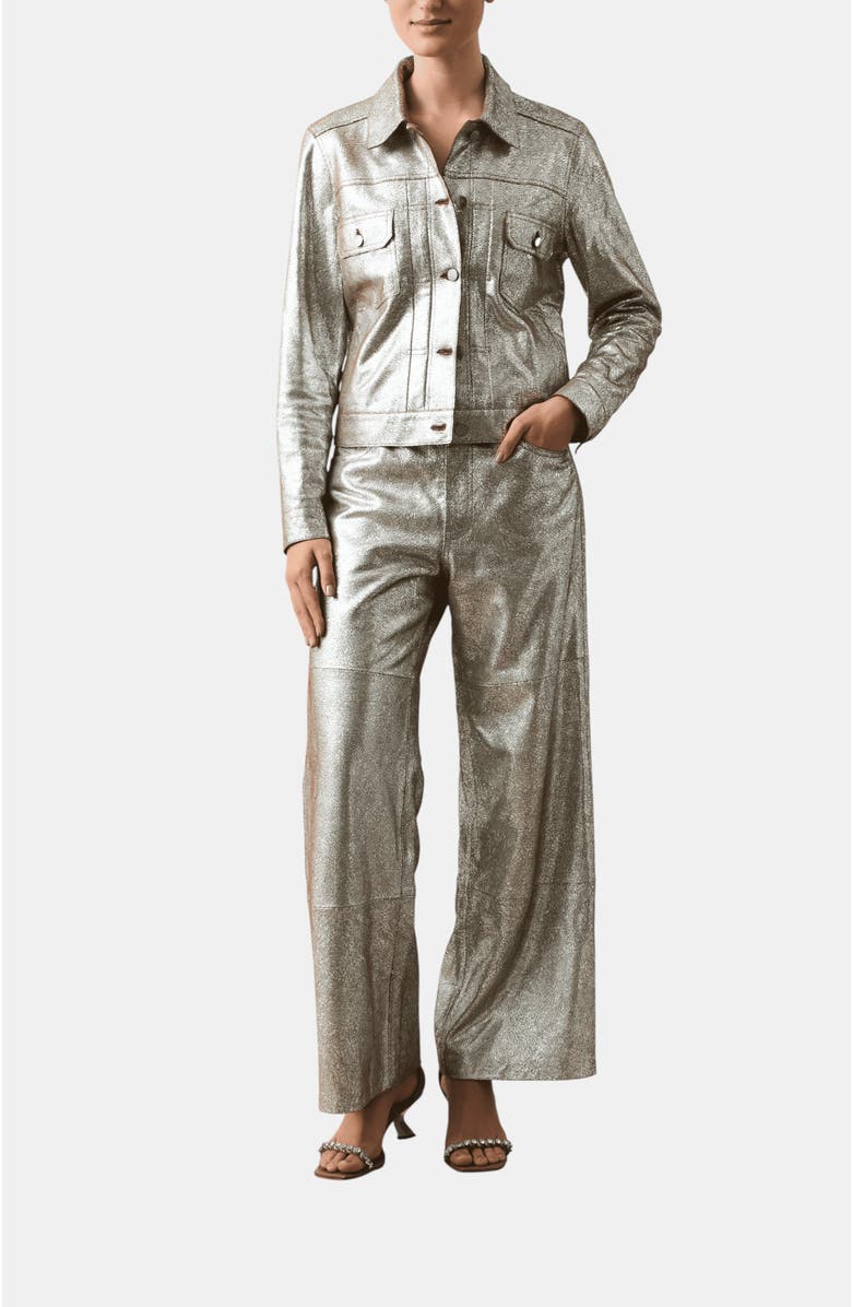 Velez Glass Suede Leather Trucker Jacket, Alternate, color, Silver