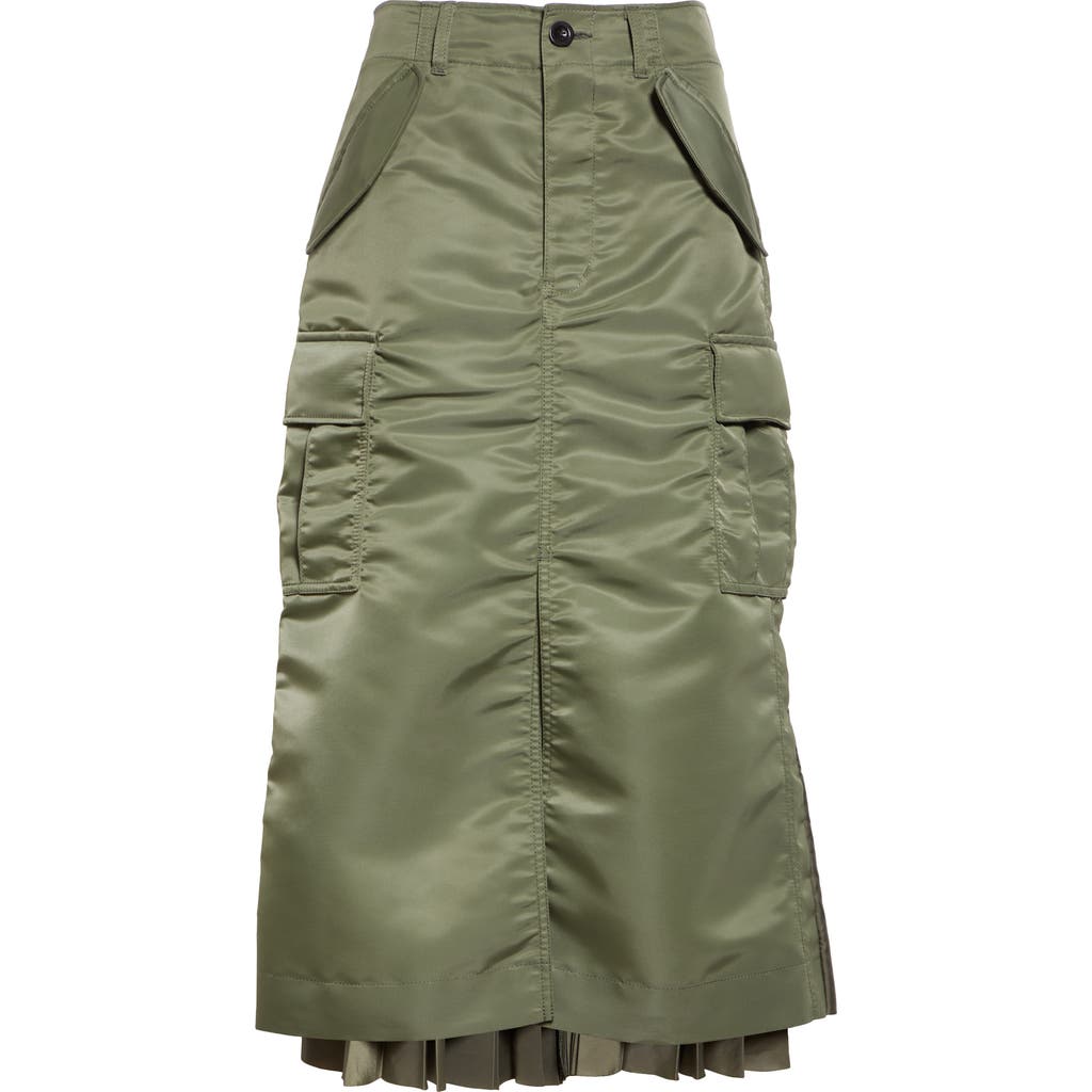 Sacai Pleated Gathered Midi Skirt In Khaki 501