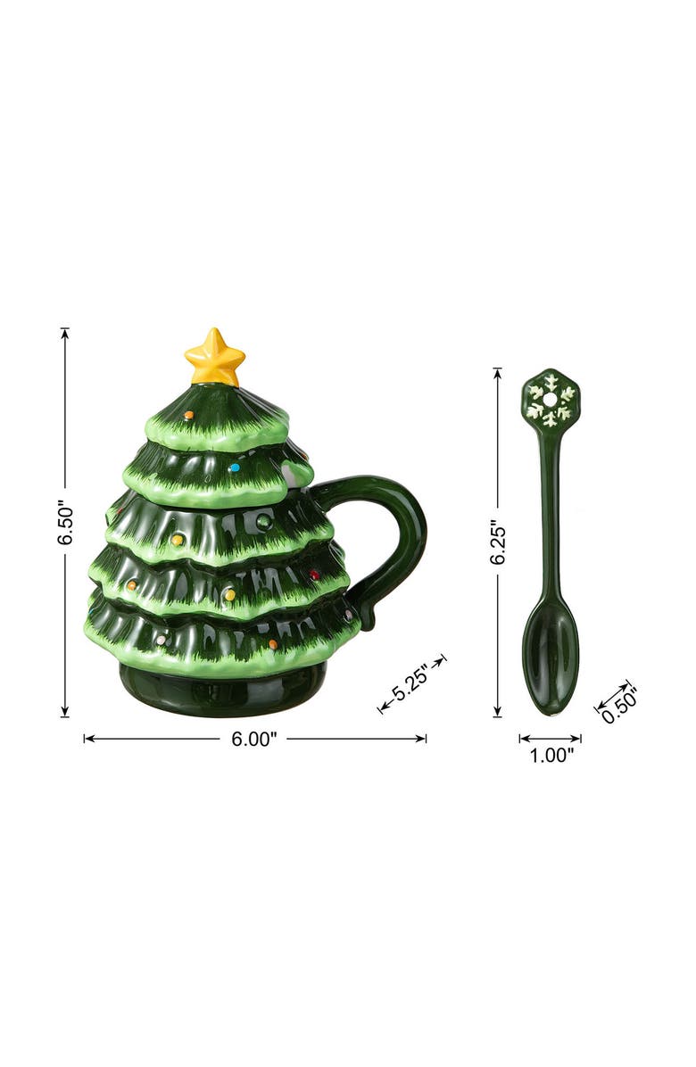 Glitzhome Christmas Ceramic Tree Mug with Lid and Spoon, Alternate, color, 