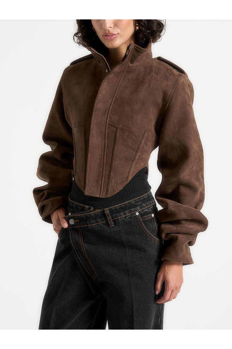 Solange Suede Tacked Sleeve Corset Jacket, Alternate, color, Brown