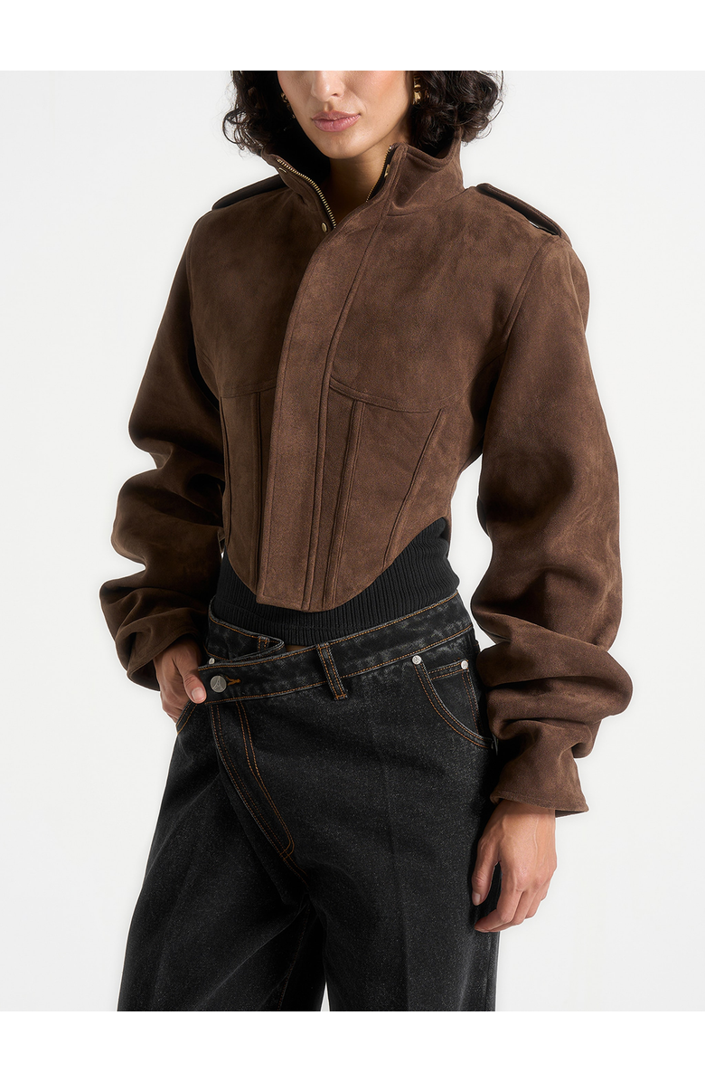 Manière De Voir Solange Suede Tacked Sleeve Corset Jacket, Alternate, color, Brown