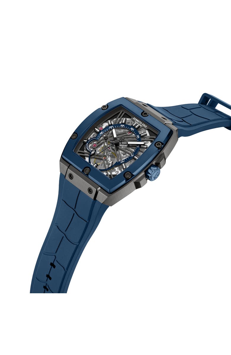 Kenneth Cole New York Skeleton Blue Tonneau Automatic Silicone Strap Watch, 41.5mm x 53.5mm, Alternate, color, Blue