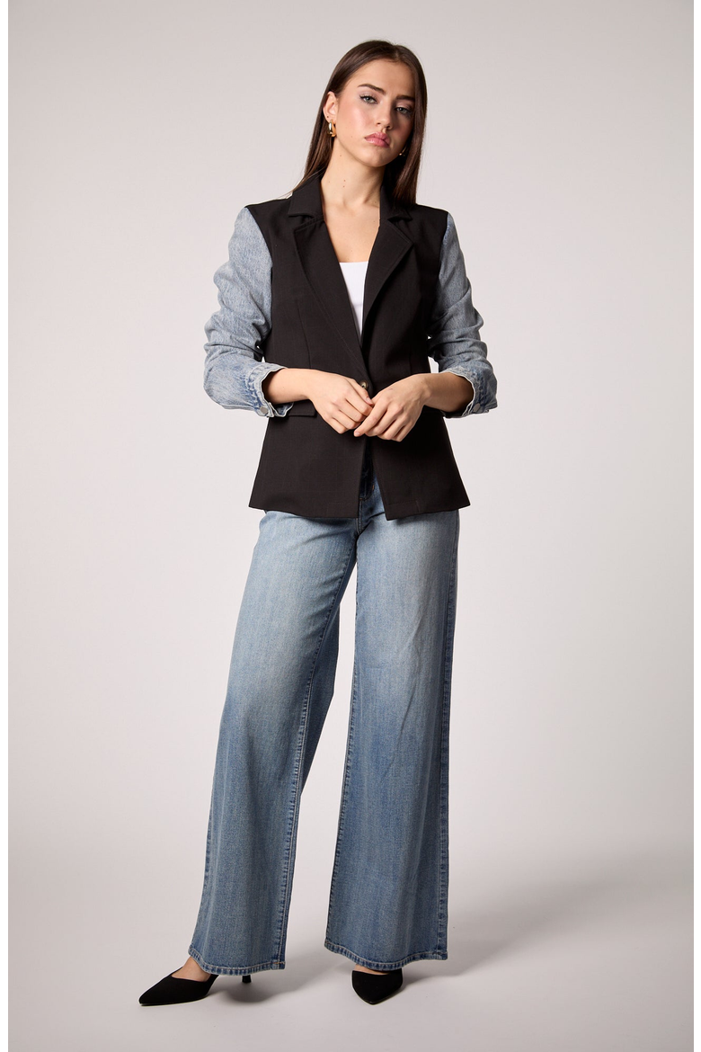 Mixed Media Blazer, Main, color, Black / Medium Denim
