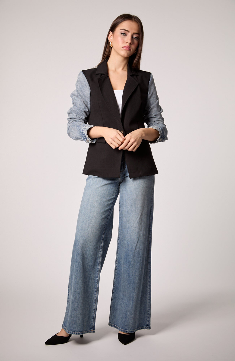 BLUE REVIVAL Mixed Media Blazer, Main, color, Black / Medium Denim