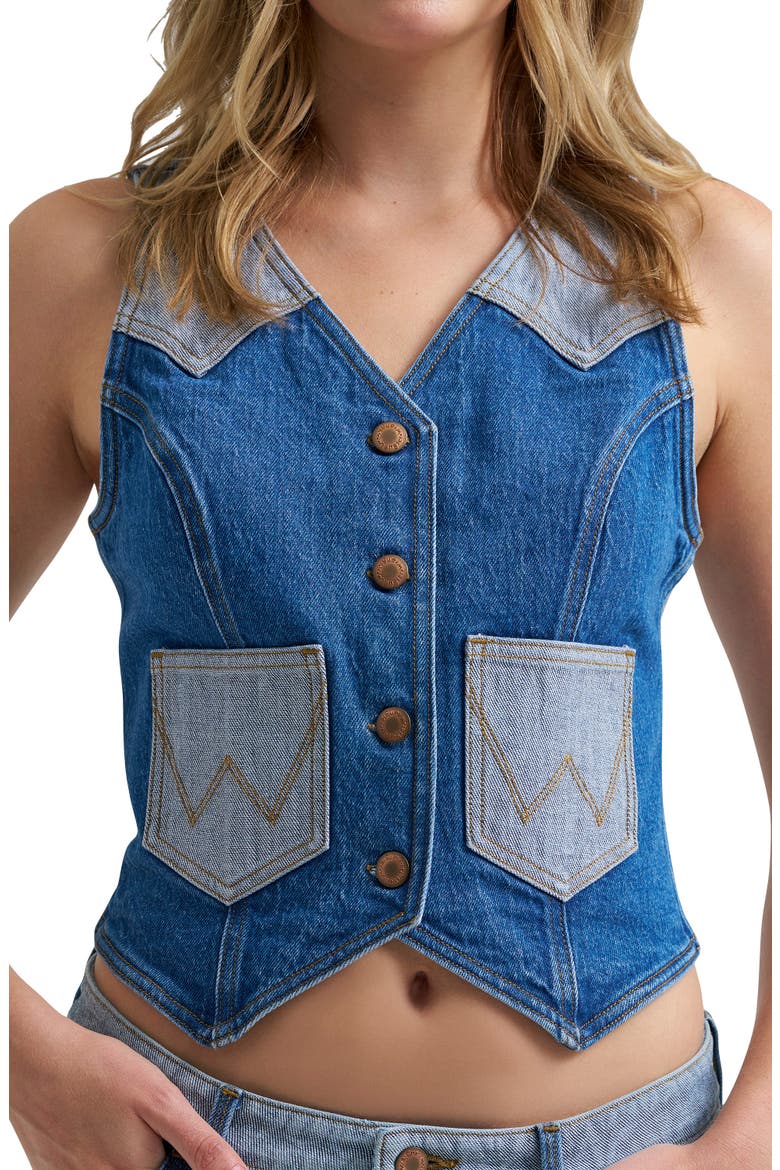 Rodeo Print Two-Tone Denim Vest, Alternate, color, BLUE FEVER