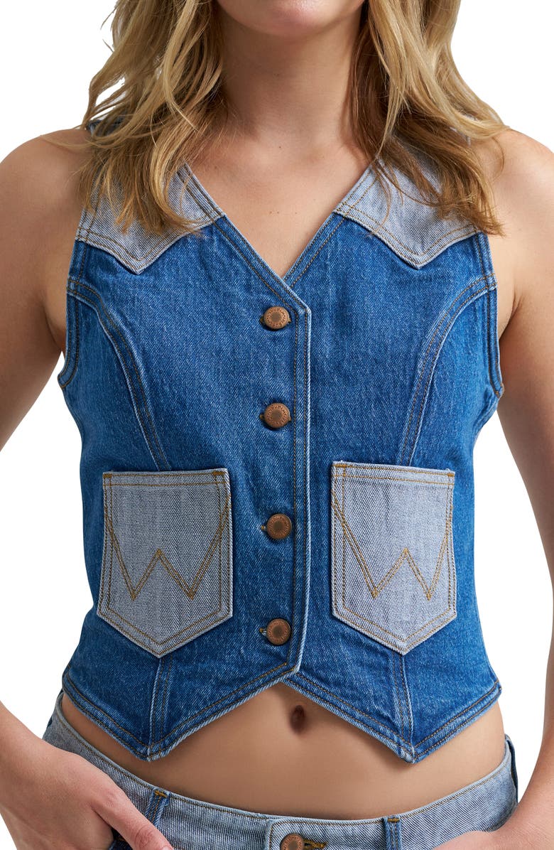 Wrangler Rodeo Print Two-Tone Denim Vest, Alternate, color,