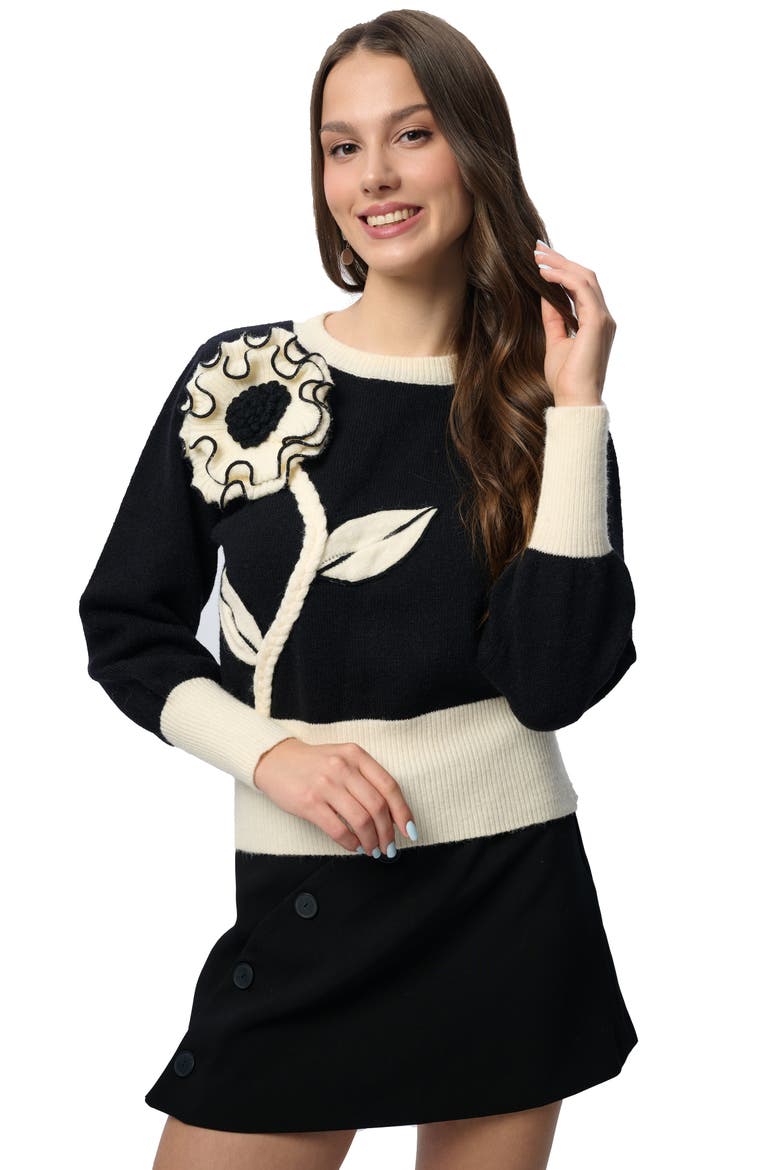 Ruffled Bloom Pullover Sweater, Alternate, color, BLACK