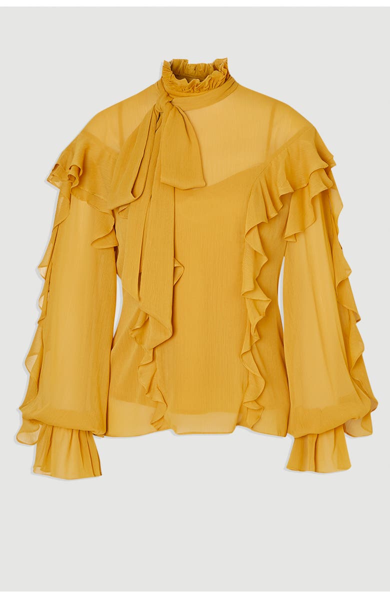 Karen Millen Georgette Ruffle Woven Pussybow Blouse, Alternate, color, Ochre