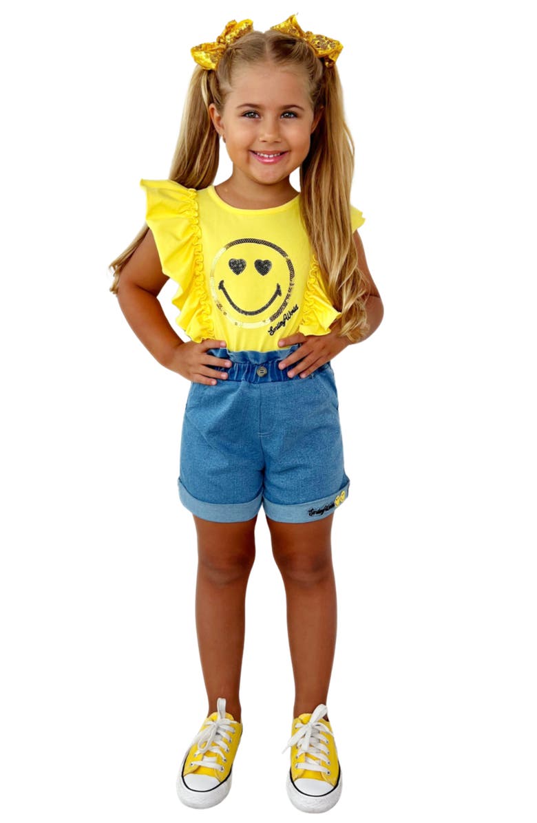 Mia Belle Girls Girls SmileyWorld Bold Expression Denim Shorts Set, Main, color, Yellow