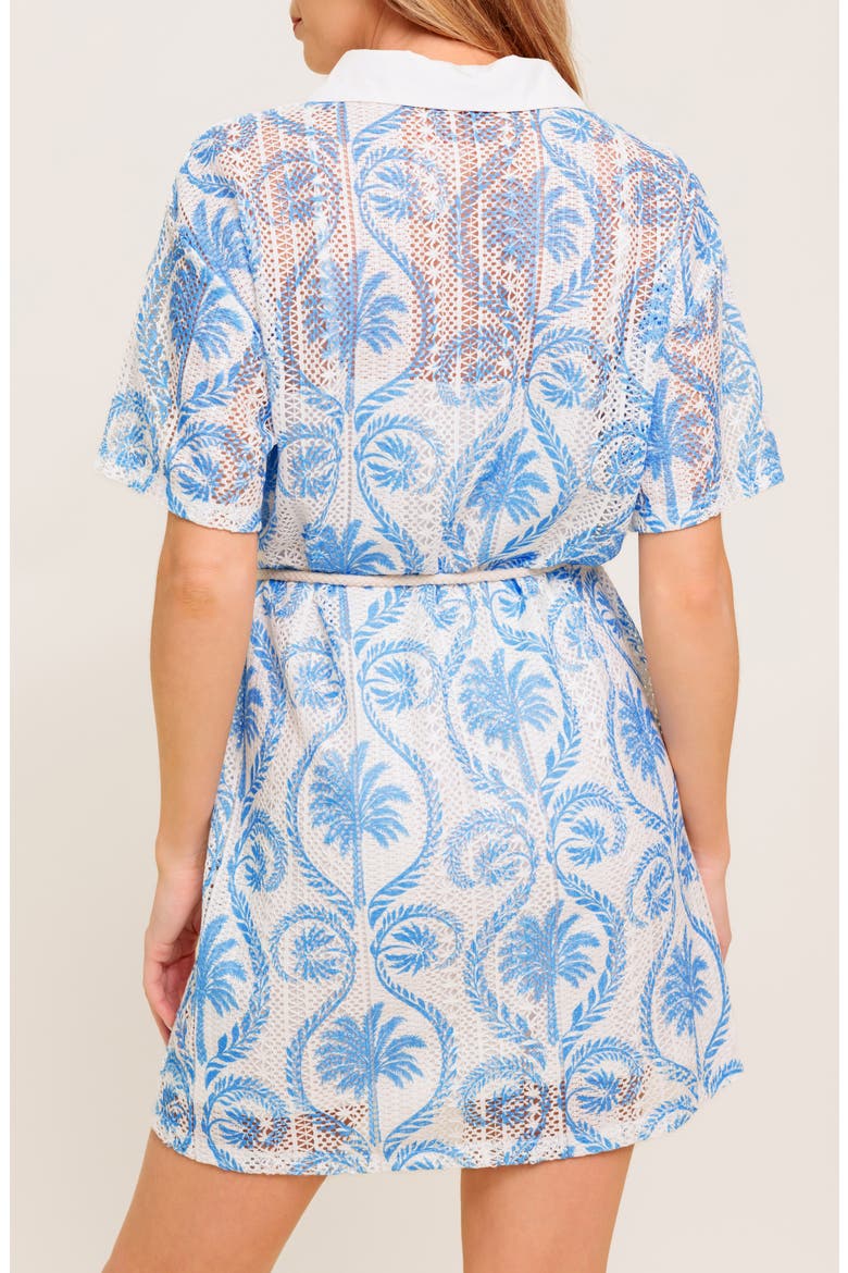 Palm Print Short Sleeve Lace Shirtdress, Alternate, color, IVORY BLUE