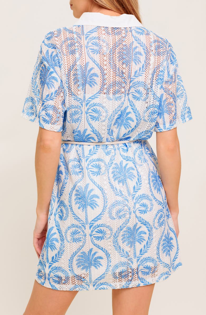 FLYING TOMATO Palm Print Short Sleeve Lace Shirtdress, Alternate, color, Ivory Blue