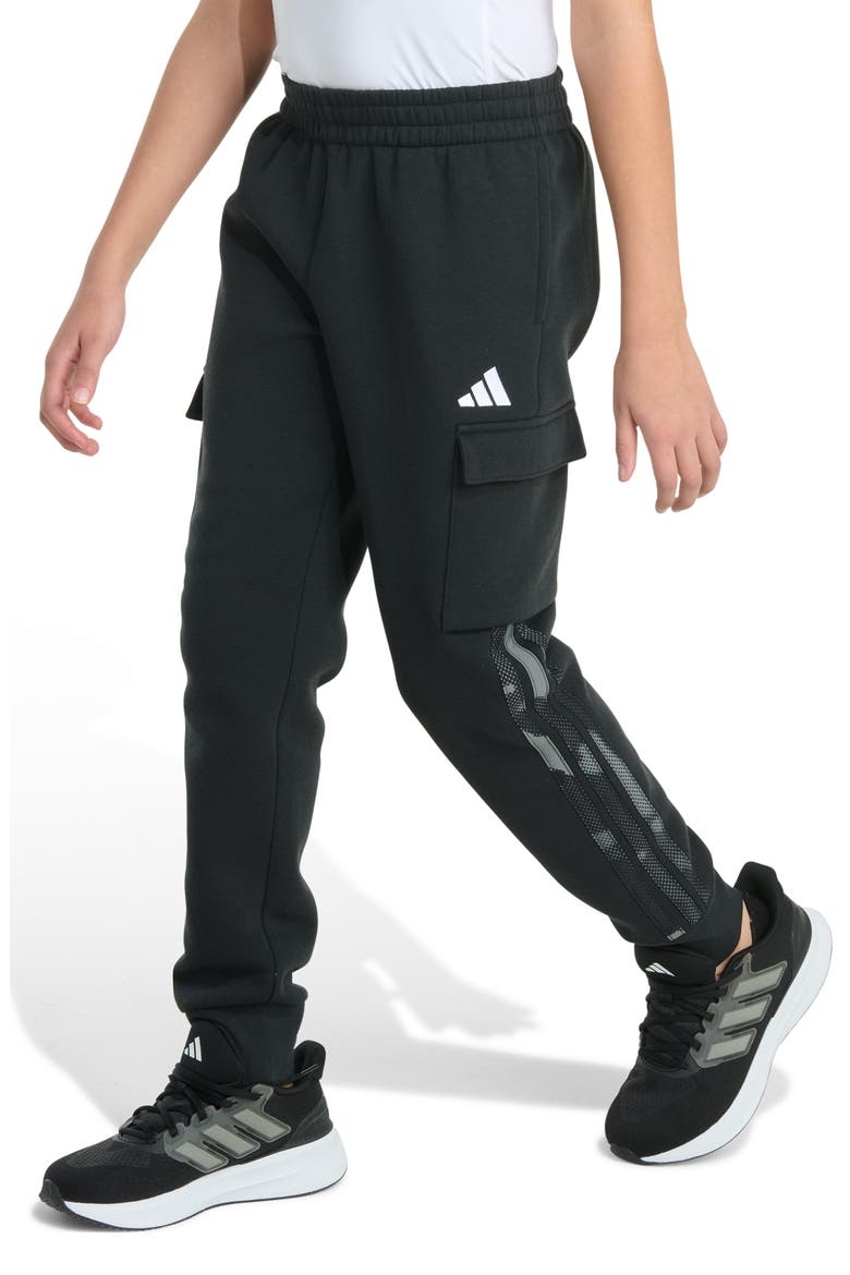 Kids' 3-Stripes Camo Halftone Fleece Cargo Pants, Alternate, color, BLACK