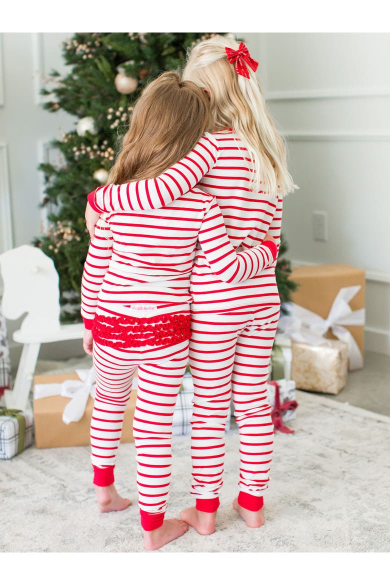 Modal Blend Girls Ruffle Long Sleeve Pajama Set, Alternate, color, Red & White Stripe