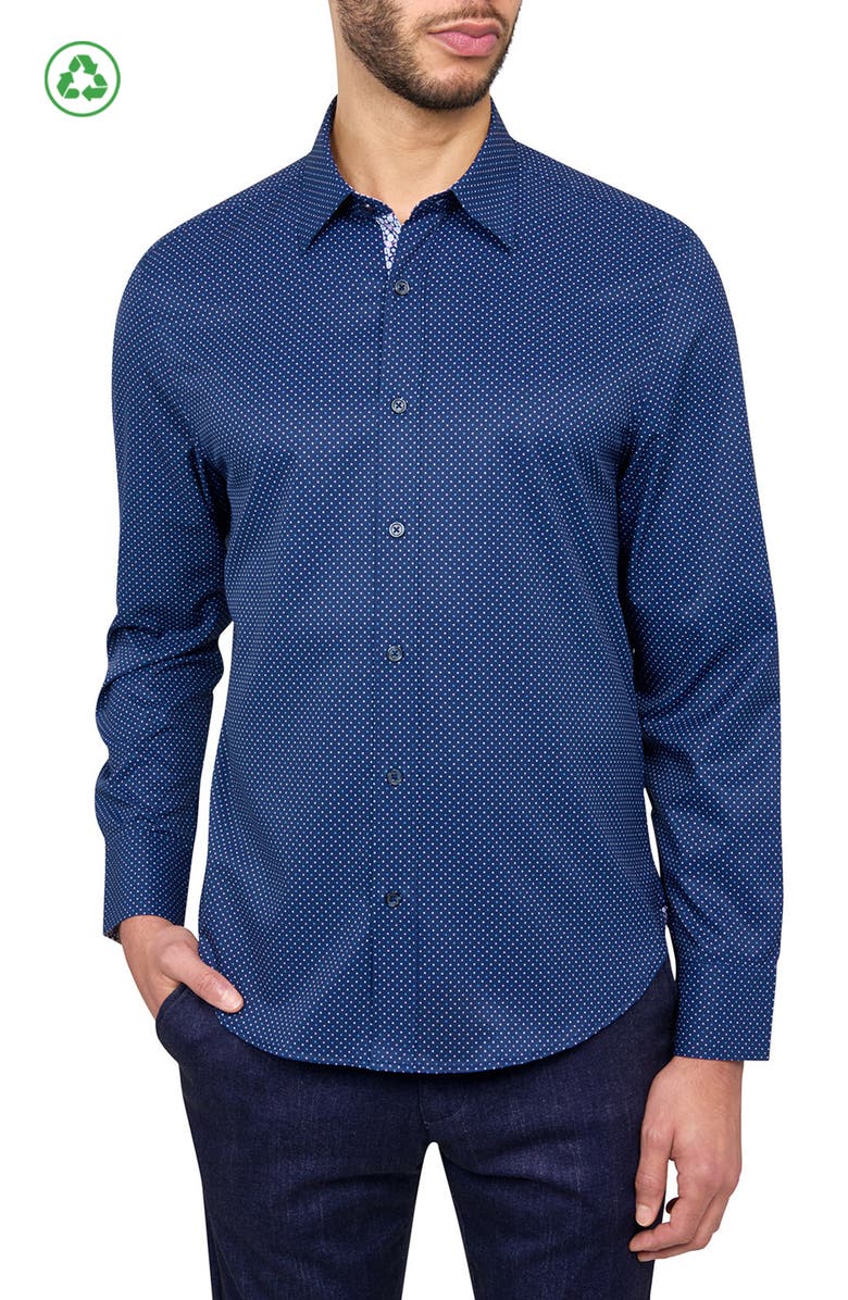 CONSTRUCT Slim Fit Dot Recycled 4-Way Stretch Performance Long Sleeve Shirt, Main, color, Navy