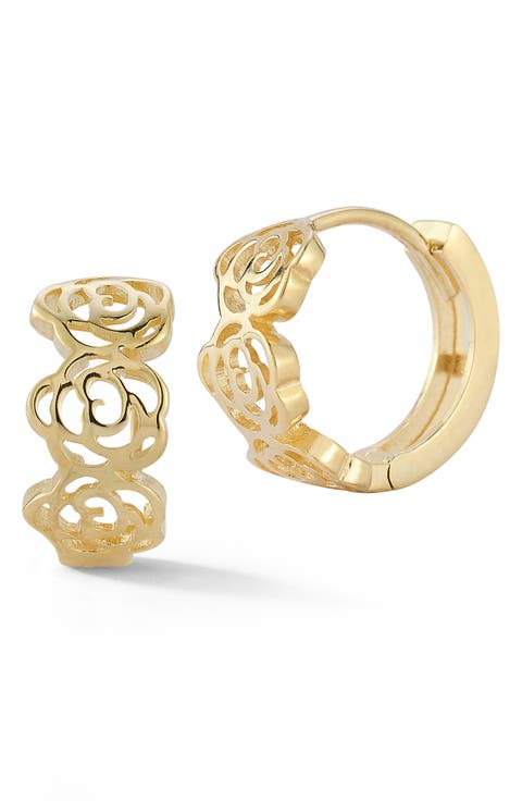 <p>14K Gold Rose Huggie Hoop Earrings</p>