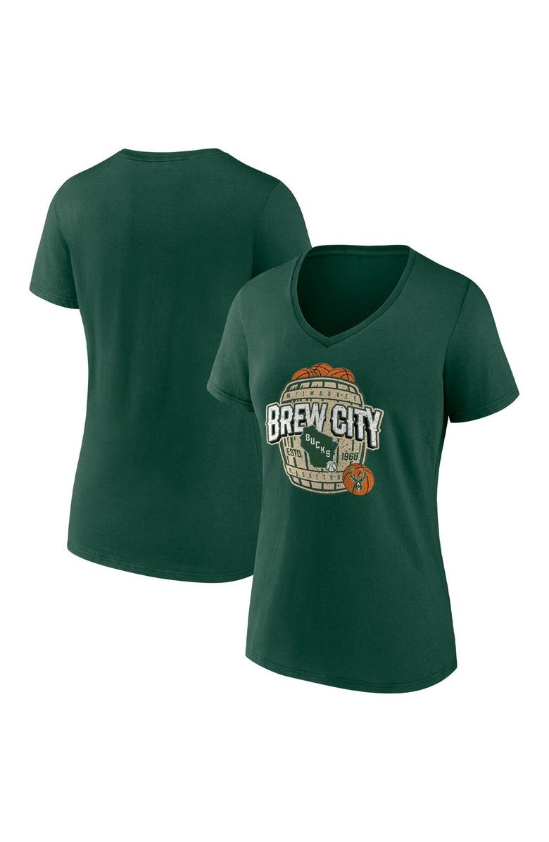 FANATICS Women's Fanatics Branded Hunter Green Milwaukee Bucks Hometown Collection Brew City V-Neck T-Shirt, Main, color, Hunter Green
