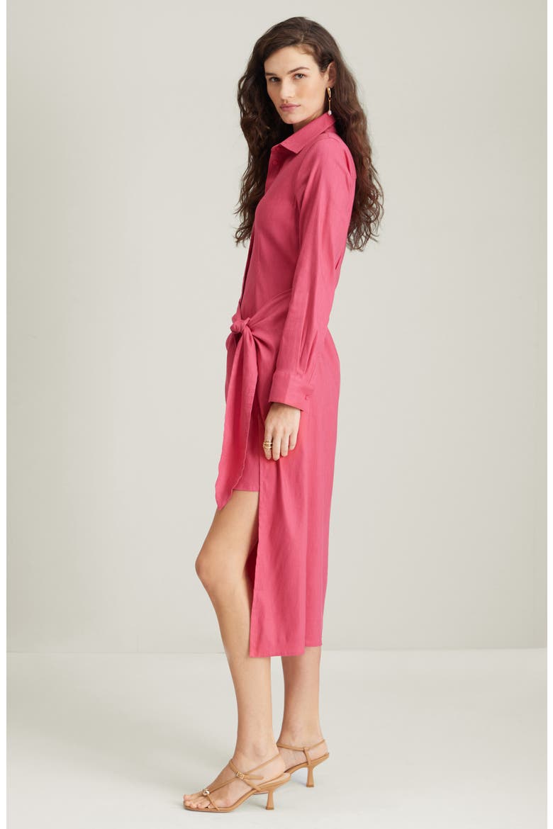 Long Sleeve Stretch Linen Blend Faux Wrap Shirtdress, Alternate, color, PINK CARMINE
