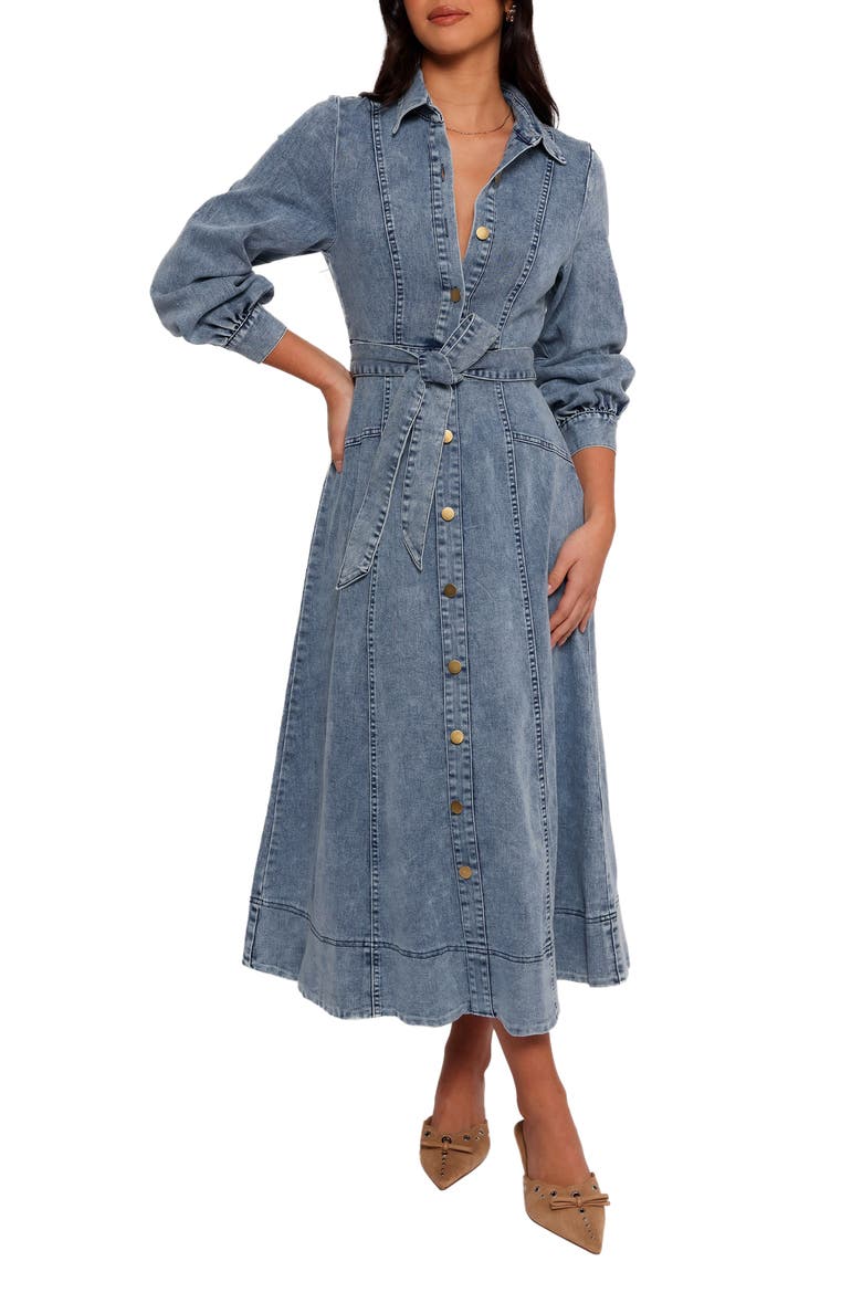 Emberly Three-Quarter Sleeve Stretch Denim Maxi Dress, Main, color, DENIM