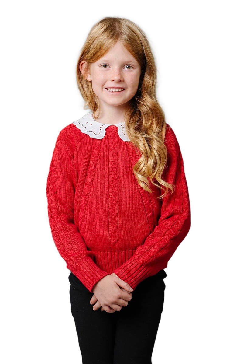 Hope & Henry Girls' Organic Eyelet Collar Cable Sweater, Kids, Main, color, Red Cable With Collar