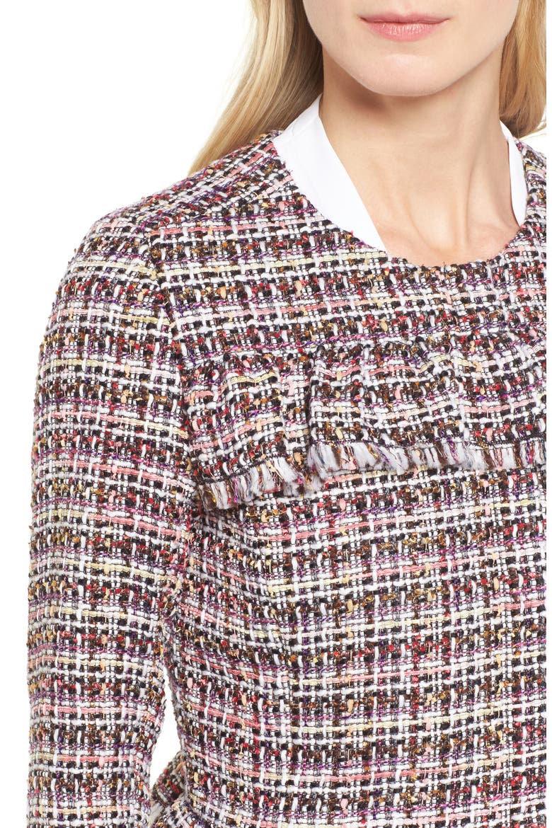 RUFFLE DETAIL TWEED JACKET, Alternate, color, PINK MULTI TWEED