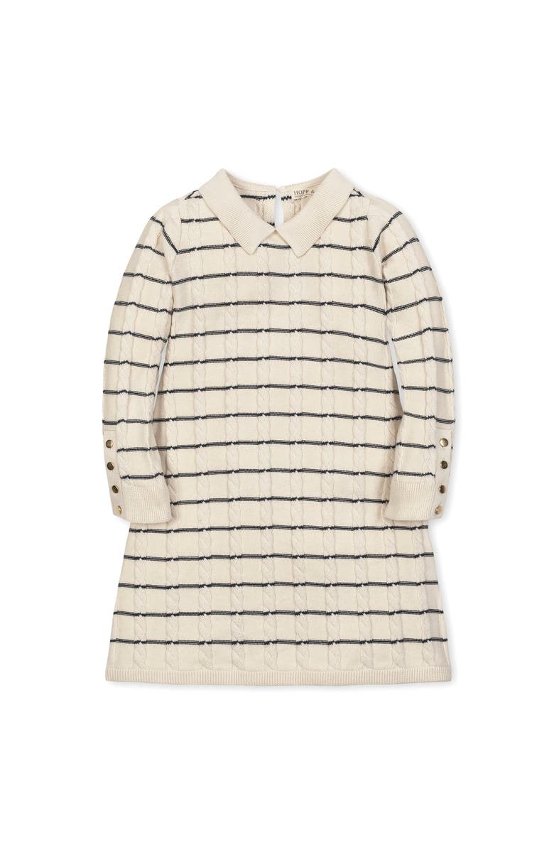 Hope & Henry Kids' Organic Long Sleeve Peter Pan Collar Sweater Dress, Main, color, Ivory Cable Breton Stripe