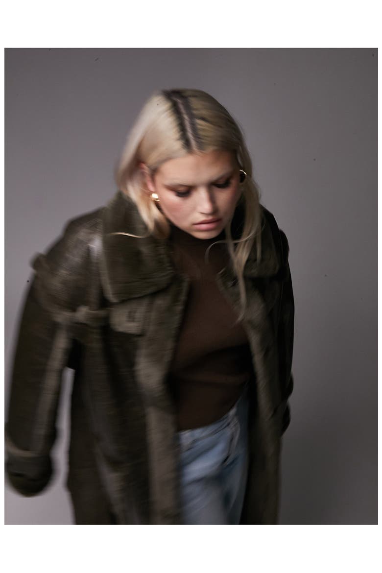 Curve Faux Fur Trim Longline Aviator Coat, Alternate, color, DARK GREEN