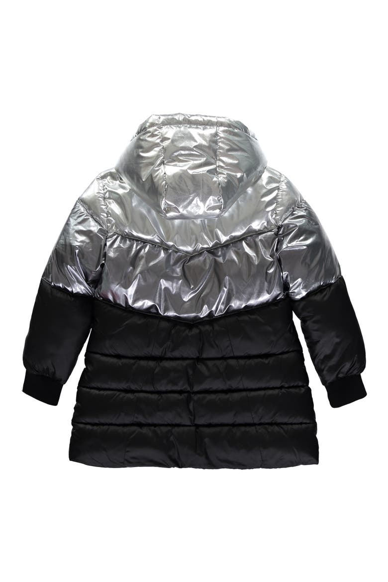 Tricolor Metallic Puffer Coat, Alternate, color, BLACK SILVER