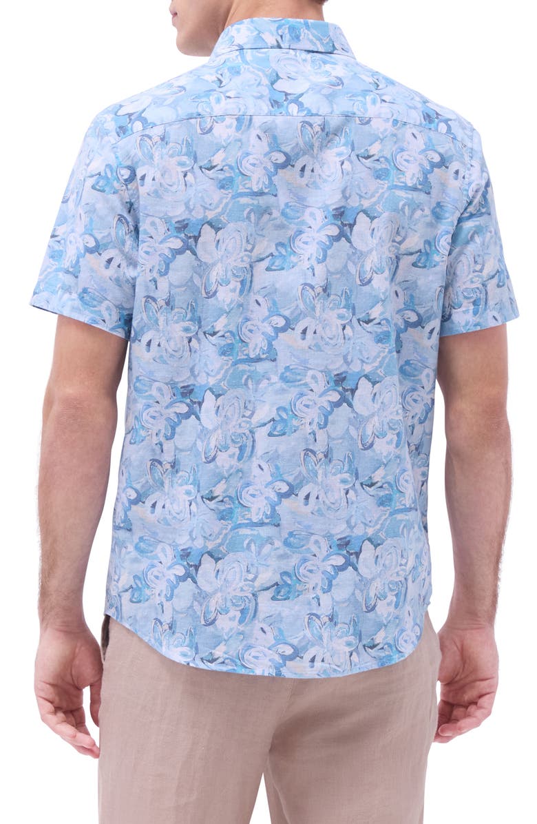 Bugatchi Orson Shaped Fit Cotton & Linen Camp Shirt, Alternate, color, Teal